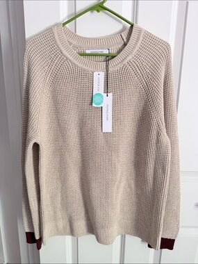 Stitch & Stretch Cream Waffle-Knit Crewneck Sweater with Burgundy Cuff Detail